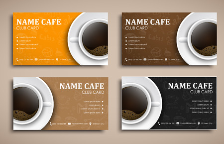 Design of club cards with hand drawings. Template with a cup of black coffee, top view. Vector illustration. Setのイラスト素材