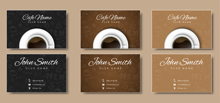 Design Business cards with hand drawings. Template with a cup of black coffee, top view. Vector illustration. Setのイラスト素材