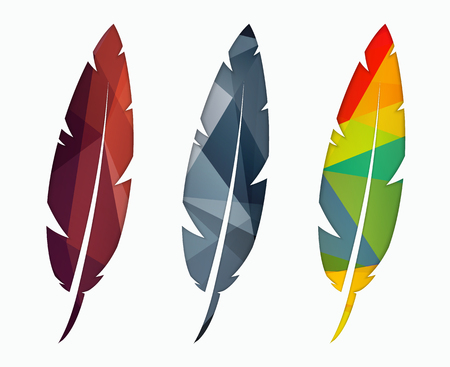Three colored abstract polygonal feather. A set of elements for logo design for print and web. Vector illustrationのイラスト素材