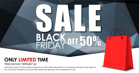 Design Web banners for sales on Black Friday. A template for the website and social networks, with abstract polygonal elements, arrow, and bags. Vector illustrationのイラスト素材