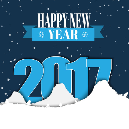 Design banner Happy New Year with a ribbon. Template winter snowy mountains, and the text between them in 2017 against the backdrop of night sky. Vector illustrationのイラスト素材