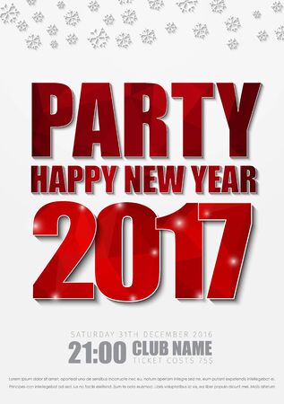white poster design for New Year's party in 2017 .. flyer template with red abstract polygonal text and snowflakes. Vector illustrationのイラスト素材