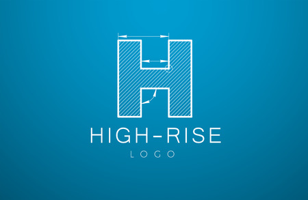 logo template letter H  in the style of a technical drawing. sign design and the text "high-rise" with dimension lines. Vector illustrationのイラスト素材