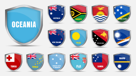 Set of metal sheets with the flags of the countries of the Oceania. Templates with the name of the country. Vector illustrationのイラスト素材
