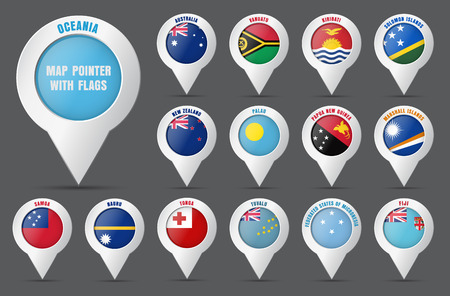 Set the pointer to the map with the flag of the countries of Oceania and their names. Vector illustrationのイラスト素材