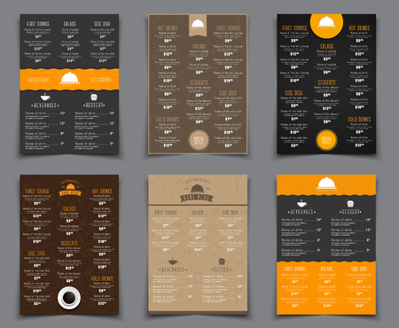 Set A4 menu for restaurants and cafes. Templates flyers black, brown, orange drawings by hand and logos. Vector illustrationのイラスト素材