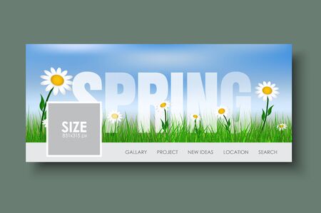 Design Web banners with spring landscape. Template with green grass and wildflowers on a background of blue sky. Vector illustrationのイラスト素材