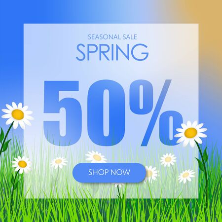 Design square banner for the spring sale at a discount. Tempalte with green grass, flowers and sky in the  . Vector illustrationのイラスト素材