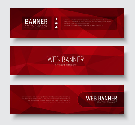 Set of horizontal web banners with abstract red polygonal texture. Template transparent design elements and text. Vector illustrationのイラスト素材