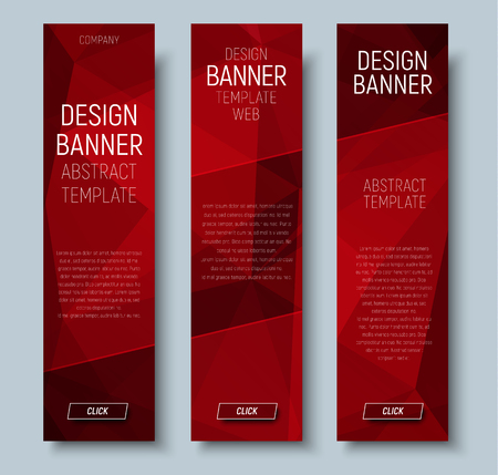 Design of vertical web banners with abstract polygonal red background and transparent diagonal elements. Vector illustration. Setのイラスト素材
