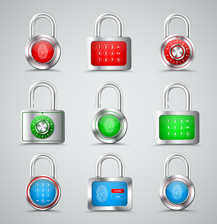 Set of metal padlocks round and square shapes with different types of protection in the form of a combination lock, PIN code and fingerprint on a red, green and blue dial. Vector illustrationのイラスト素材