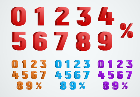 Set of 3D numbers from 0 to 9 and a percentage sign. Templates of red, blue and purple. Vector illustrationのイラスト素材