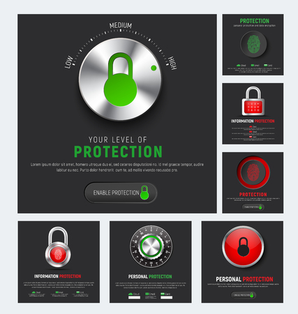Design of black square banners to protect information. Web templates with padlock, mechanical combination lock, red button with fingerprint and a level controller for the protection of the cloud, mail and bank cards. Vector illustrationのイラスト素材
