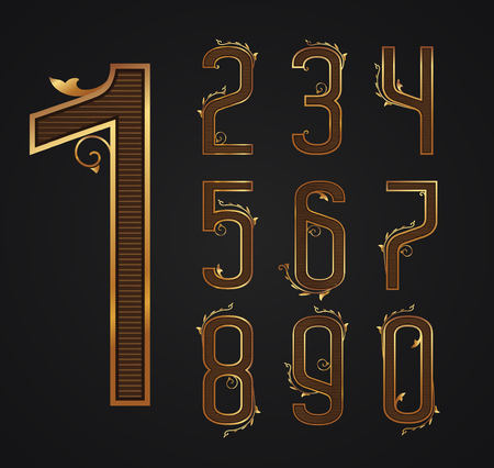 set of vintage digits from 0 to 9. Patterns of elegant gold figures with decor elements. Vector illustrationのイラスト素材