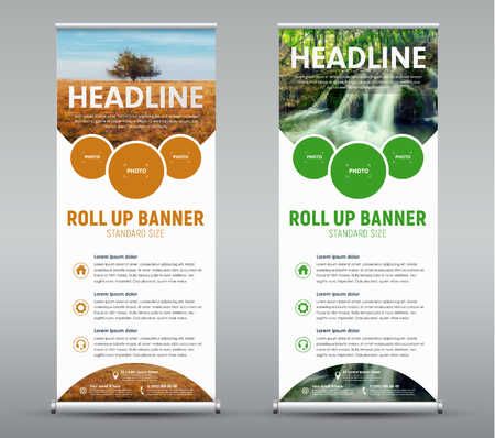 Template vertical roll up banner with round and semicircular design elements for the image. A set of brochures with a landscape and a waterfall. Vector illustrationのイラスト素材