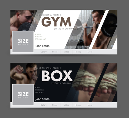 White and black cover design for social networks. Universal Advertising template banner  with diagonal elements for the image of the gym, sports. Blurred photo for sampleのイラスト素材