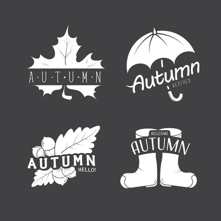 et of autumn emblems with a leaf, umbrella, leaves, acorns and boots. Welcome and the weather. Vector illustrationのイラスト素材