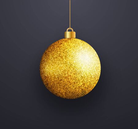 Vector realistic christmas ball with golden shiny texture. Christmas toy on a black background.のイラスト素材