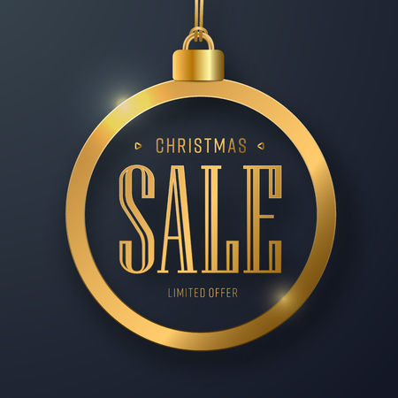 Vector web banner design with a Christmas toy and text in it for sale. Template with a black background and gold elements.のイラスト素材