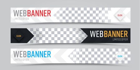 Set of vector horizontal web banners with place for photo. Web template in standard size black and white with arrows.のイラスト素材