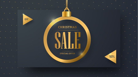 Vector horizontal banner design for Christmas sale. Template header for the site with a black background and gold balls and text.のイラスト素材