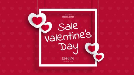 Design of a vector banner for Sale On Valentine's Day. Template red hat with a white frame, hung on the thread hearts and text.のイラスト素材