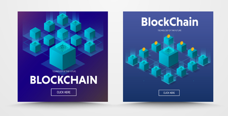 template for a social media vector banner with an isometric illustration of a blockchaine   technology with binary code. Design for the web in text and buttons. Setのイラスト素材