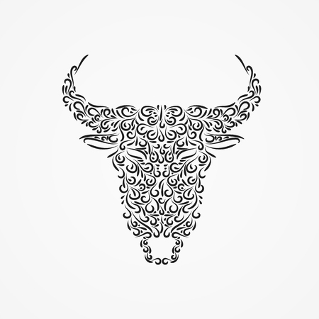 Silhouette of a buffalo head from ornate shapes with an earring in the nose. The vector template is a contour tattoo illustration. Isolated on white backgroundのイラスト素材