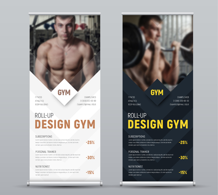 Design of vertical black and white vector roll-up banner with rhombuses for photos. Template for business and advertising, a sample for the gym.のイラスト素材