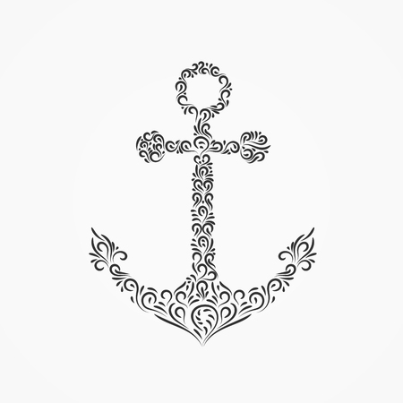 Sea anchor from decorative ornate ornaments and curls. Template isolated on white background. Vector illustrationのイラスト素材