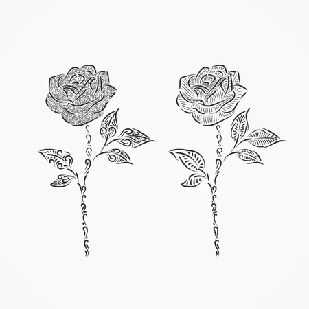 Two roses from different decorative ornate ornaments and curls. Template isolated on white background. Vector illustrationのイラスト素材