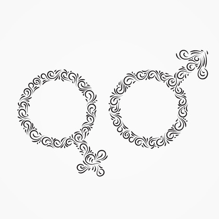 The gender symbol of Venus and Mars for women and men from decorative ornate ornaments and curls. Illustration isolated on black and white background.のイラスト素材