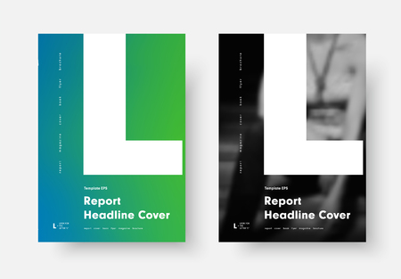 Design of a black and white poster in a modern minimalist style with a letter L. Annual report cover template, flyer, rolled with a soft blue-green gradient and dark photo.のイラスト素材