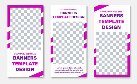 Template of white vertical web banners with rectangle for photos and purple diagonal lines. Design for business advertising. Setのイラスト素材