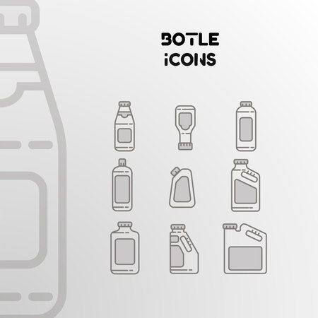 Design of vector linear icons of bottles, cans and packaging. Set of isolated objects.のイラスト素材