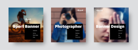 Sets of vector banners for social networks with a place for a photo and a black square for text. Modern, universal design for sports, photographers, and business. Squared templateのイラスト素材