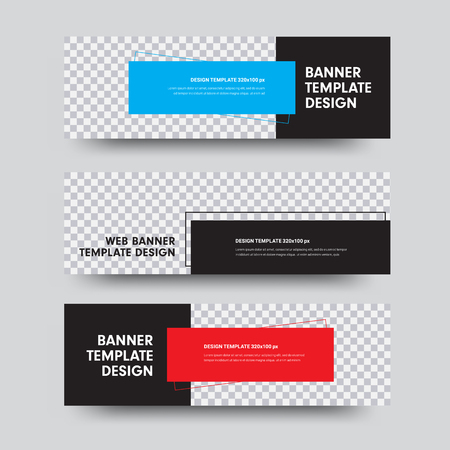 Set of black vector web banners with place for photo and color rectangles for text. Horizontal size templates.のイラスト素材