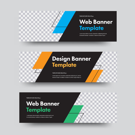 Vector black banner templates with place for photo and diagonal design elements. Web set with stroke for advertising.のイラスト素材
