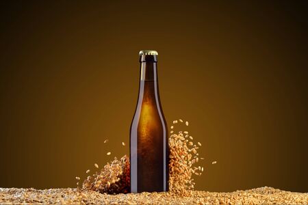 Drink mockup series. Brown beer bottle with reflections  on a dark studio umber  background with scattering wheat grains. Template ready to use on your design.の写真素材
