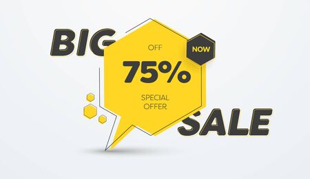 Yellow vector banner template for big sale and 75 percent discount. Sticker design with black elements and text.のイラスト素材