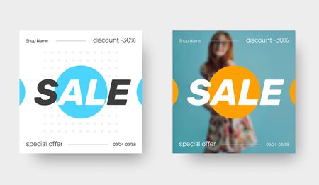 Template of vector square banner for sale with blue and yellow abstract pattern and with photo of girl. Layout of email newsletters, mobile application.Design for social media.のイラスト素材