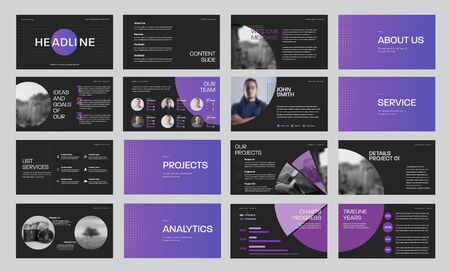 Set of black vector slide templates with gradient purple circles and photos, for annual report and...