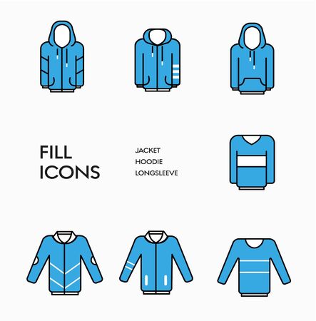 Set of vector clothing icons with blue fill and black stroke. Templates for web and print.のイラスト素材