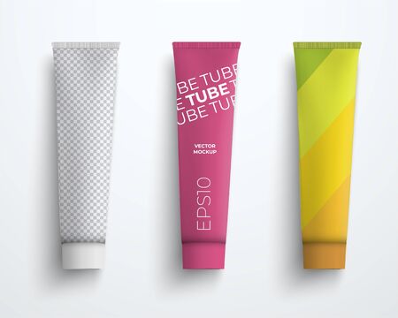 Three mockup of vector cosmetic plastic tube for cream and liquids. Packaging template for presentation design. Setのイラスト素材