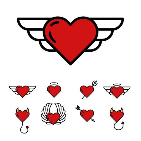 Set of vector icons on a white background on the theme of "Valentine's Day". Template beautiful design for the holiday. Hearts with a halo, wings and horns.のイラスト素材