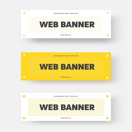 Vector white and yellow horizontal web banner with black text. Layout design with arrows, rhombus, and circles on the background. Rectangular template for advertisingのイラスト素材