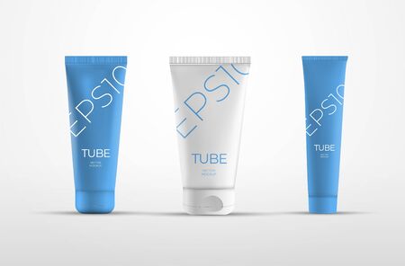 Vector template of white and blue color plastic tubes for body care cream. Mockup of container with lid isolated on background for design presentation. Set of packaging for lotionのイラスト素材