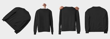 Template of black fashionable heather, with hands and hanger, front view, isolated on white...
