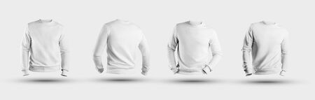 Mockup blank white sweatshirt 3D rendering, male long-sleeved clothing front and back view, for presentation of design. Template casual textile pullover isolated on background. Seth fashion apparelの写真素材