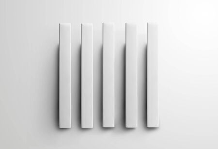 Mockup of white closed books standing parallel to each other, side view, for presentation of design and advertising. Hardcover landscape orientation catalog template isolated on background. Set objectの写真素材